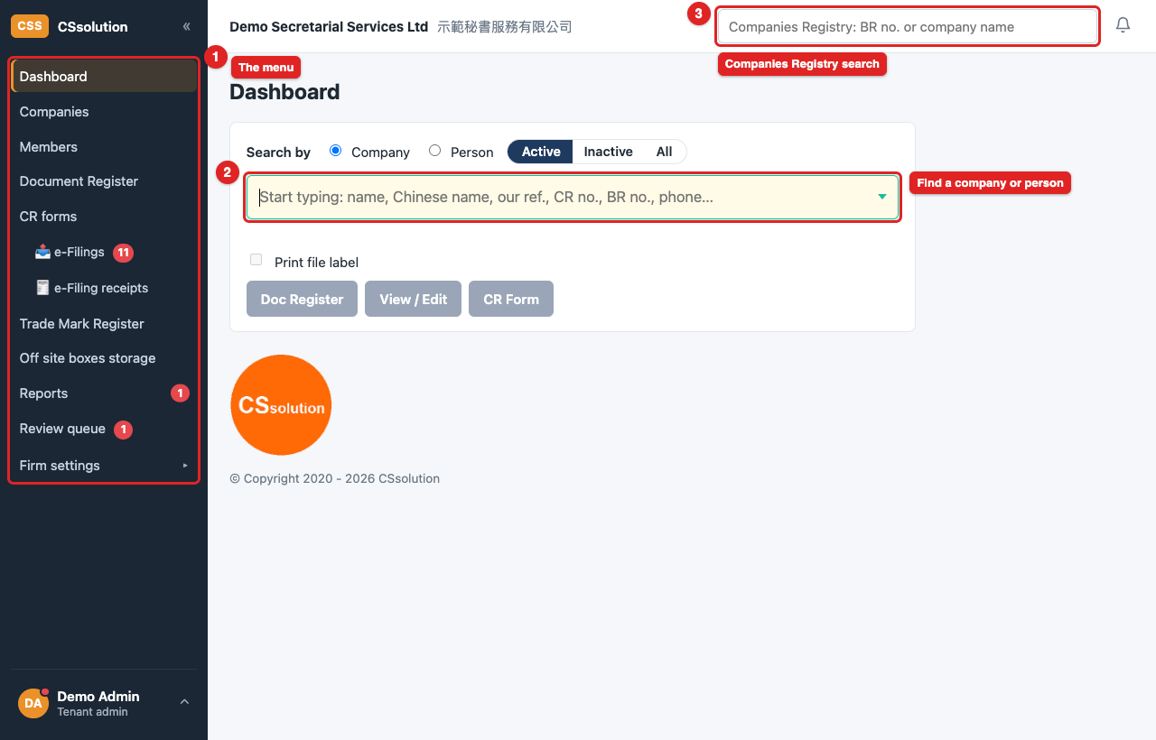 The CSsolution dashboard: the search box and the day's work.